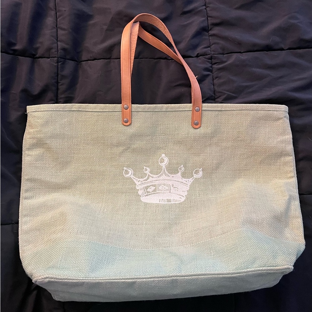 Crown-Embellished Light Green and Tan Tote Bag